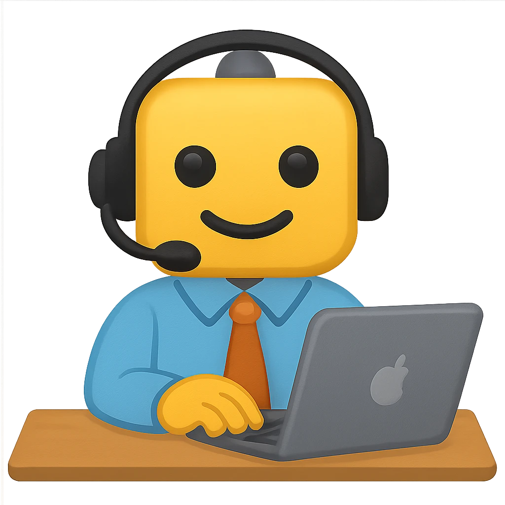 Make the recruiter robot emoji much cuter and more friendly, masculine, in apple style, flat, at a desk, headset on, typing on a laptop, with a transparent background. emoji
