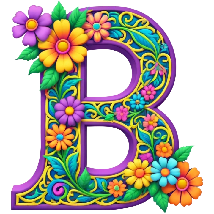 3D, gothic style psychedelic colored Letter S with hippie style flower border emoji