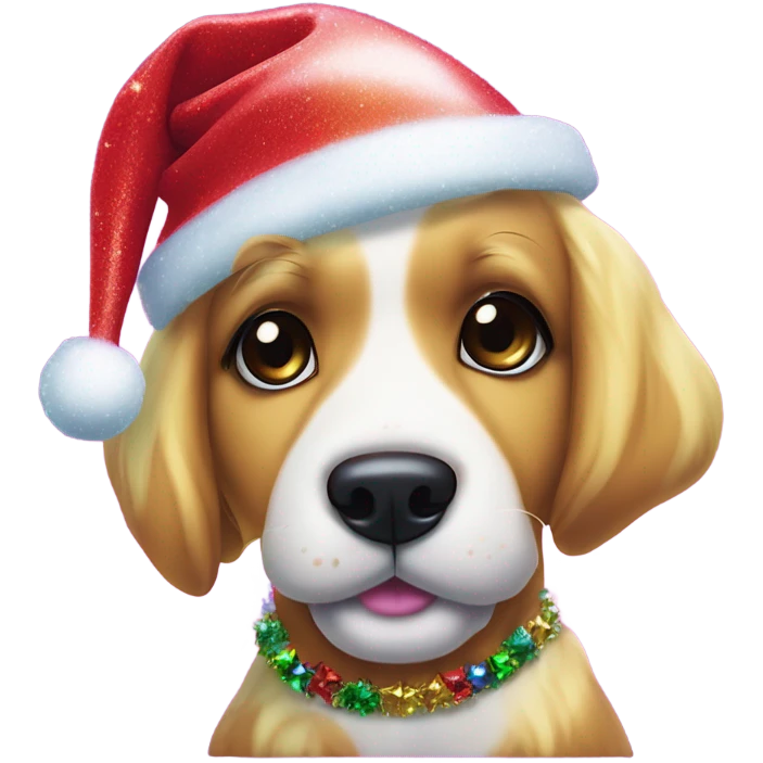 Lisa frank Christmas sparkle￼ dog with Santa hat emoji