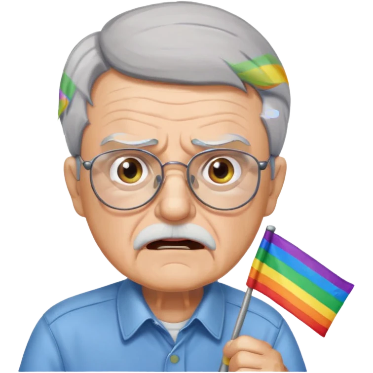 make old old man like 80 with gray hair and fur has HUGE EYE brows and glasses and is always mad and gay holding the rainbow flag emoji