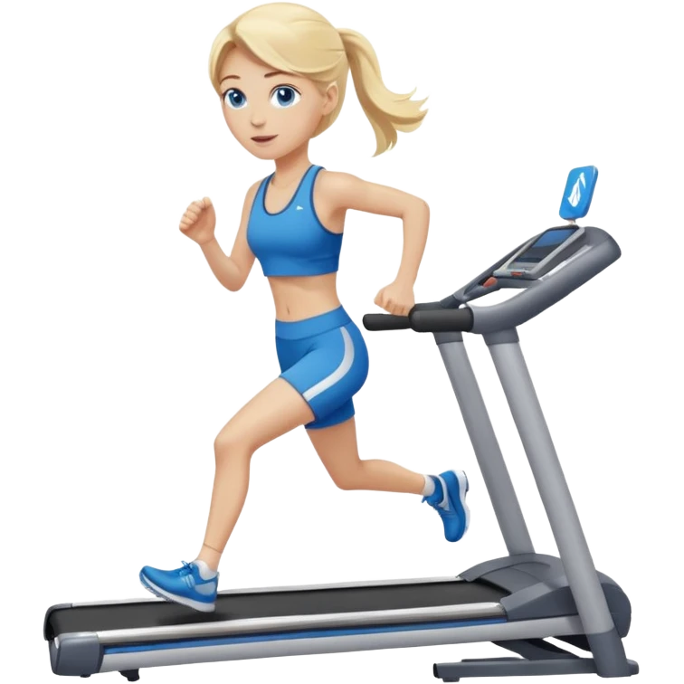 Une femme blonde yeux bleus qui cours sur un tapis de course emoji