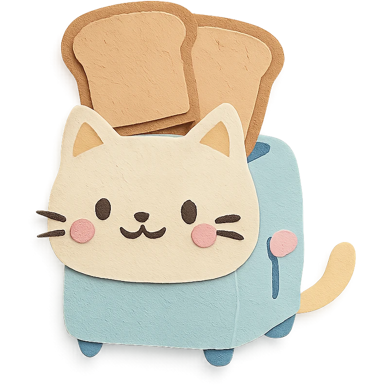 kawaii toaster cat popping out two toast slices, smiling sweetly, soft pastel colors, full-body emoji