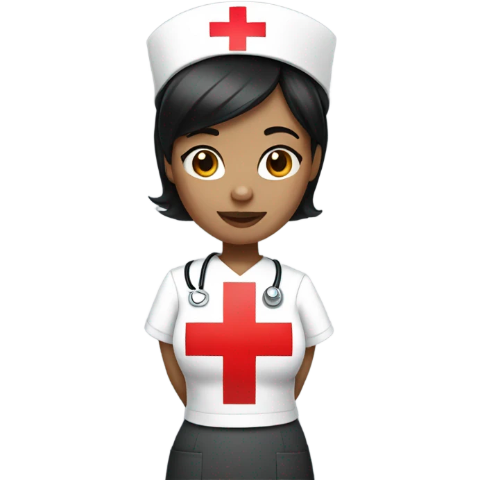 super short black straight hair female nurse with red cross sign hat wearing dress emoji