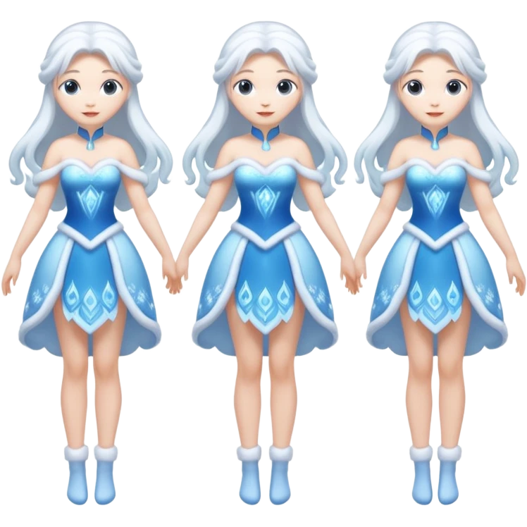 An ice Snow Maiden character with two arms and two legs, full body, front view, back view, side view, three-quarter view, consistent character design, translucent ice material, winter fairy tale style. emoji
