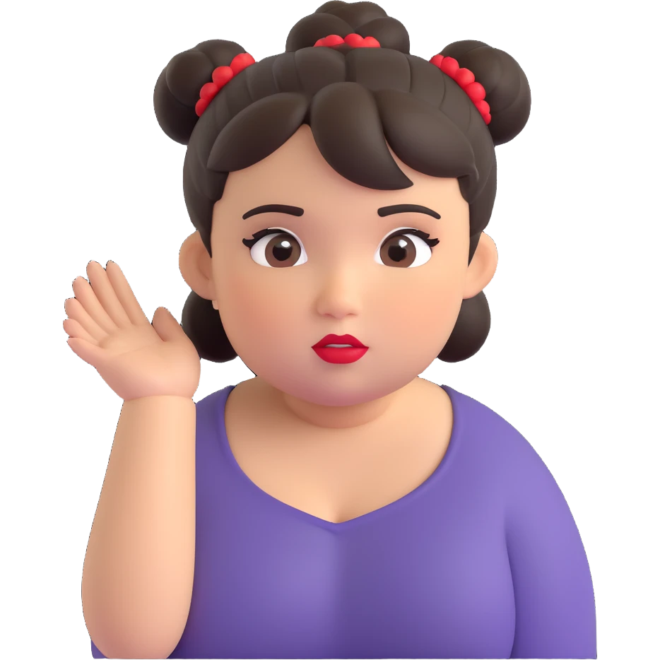 light brown girl, slightly chubby, messy black hair in a bun, red lipstick, light brown eyes, asking a question emoji