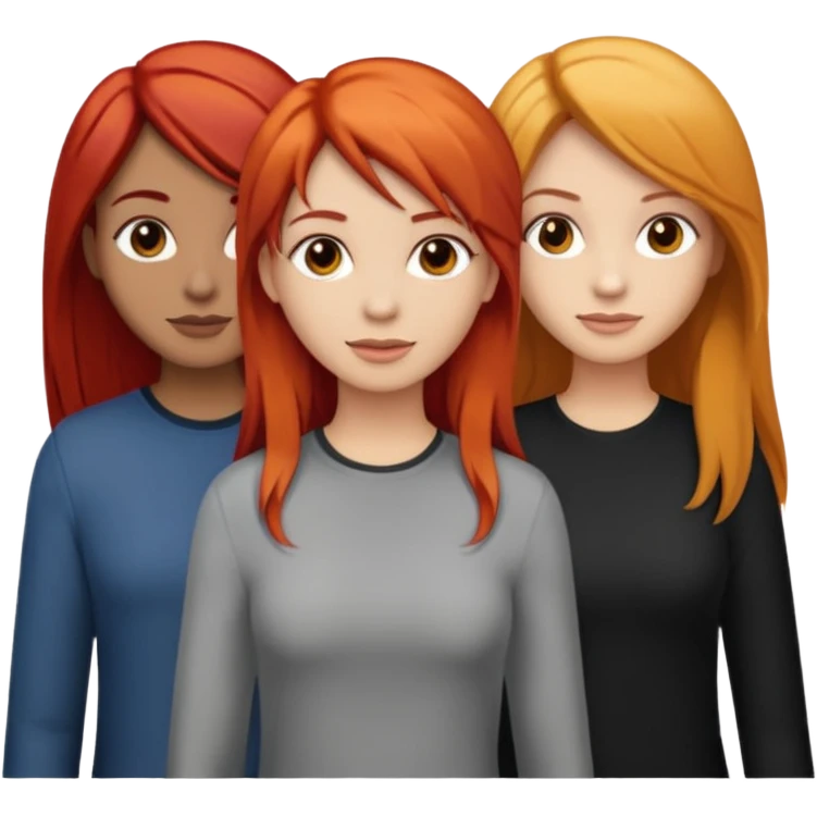 Can you create an image of 3 friends together one with red bright hair light skin one the other with brown hair with some blonde highlights in the hair fair skin the last one with light brown a tint of orange hair and black long hair emoji