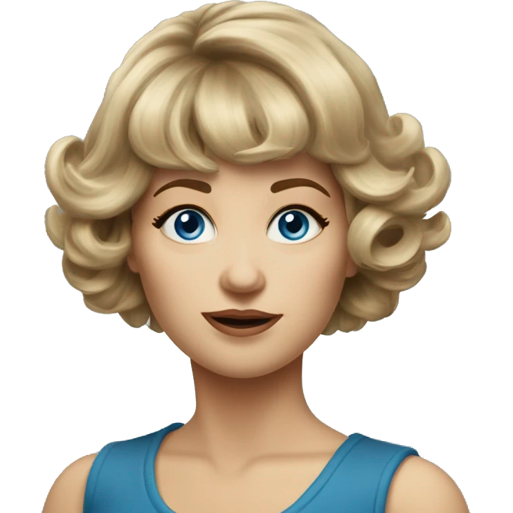 Medium length Dirty blonde poofy hair with bangs all across forehead and sides swept away from face woman of 60 with blue eyes  emoji