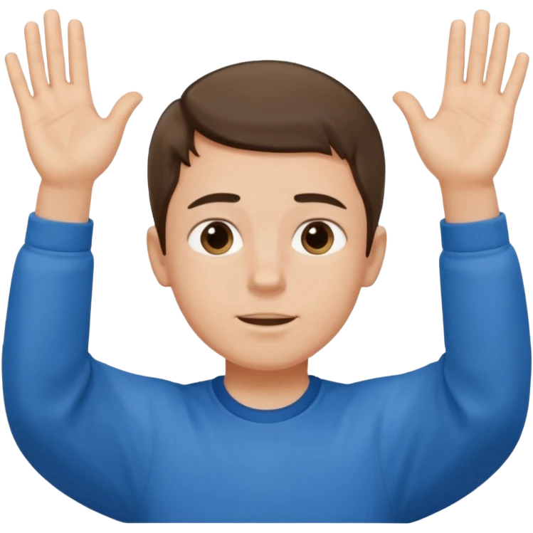 A boy with both hands facing up saying 67 emoji