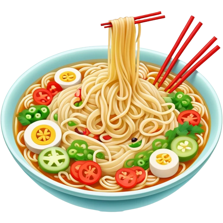 Shaanxi cold skin noodles with colorful toppings, simplified emoji style with bold outlines and bright colors, cartoon style Xi'an famous cold appetizer emoji