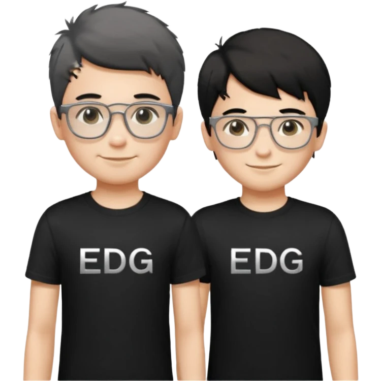 2 boys standing together. oner wearing black t-shirts with the letters 'EDG' fluffy short hair and silver rectangular glasses. the other one has black hair, smiled brightly, no glasses. the one who has no glasses is taller emoji