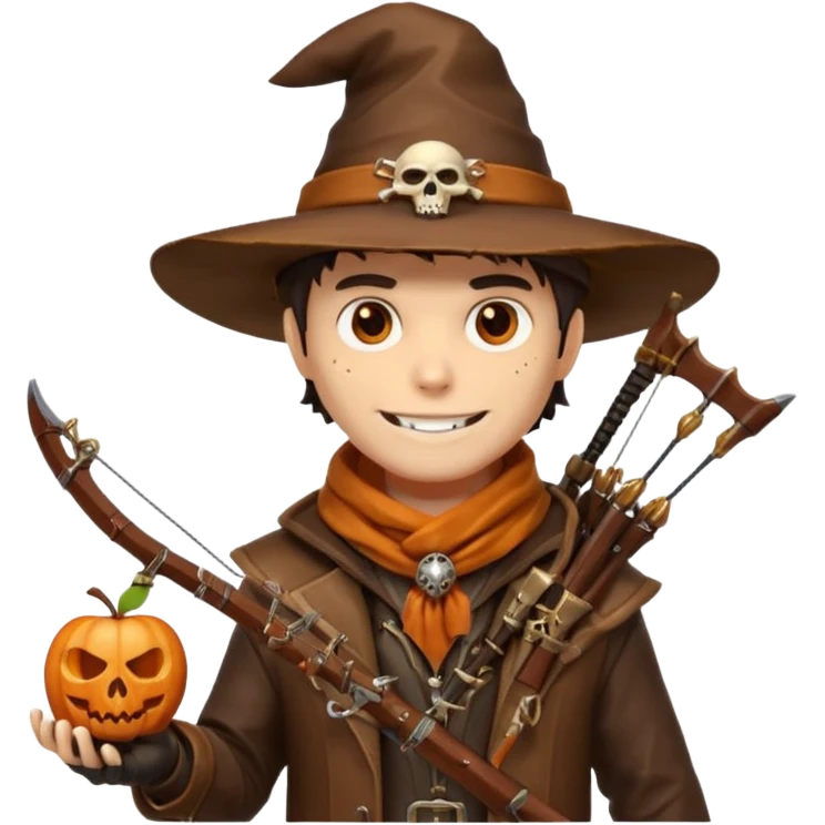 male human monster hunter emoji, wearing brown leather coat and wide hat, holding crossbow, with amulet shaped like skull, Halloween fantasy theme, confident smile, orange scarf, Apple emoji style, clean white background, square image emoji