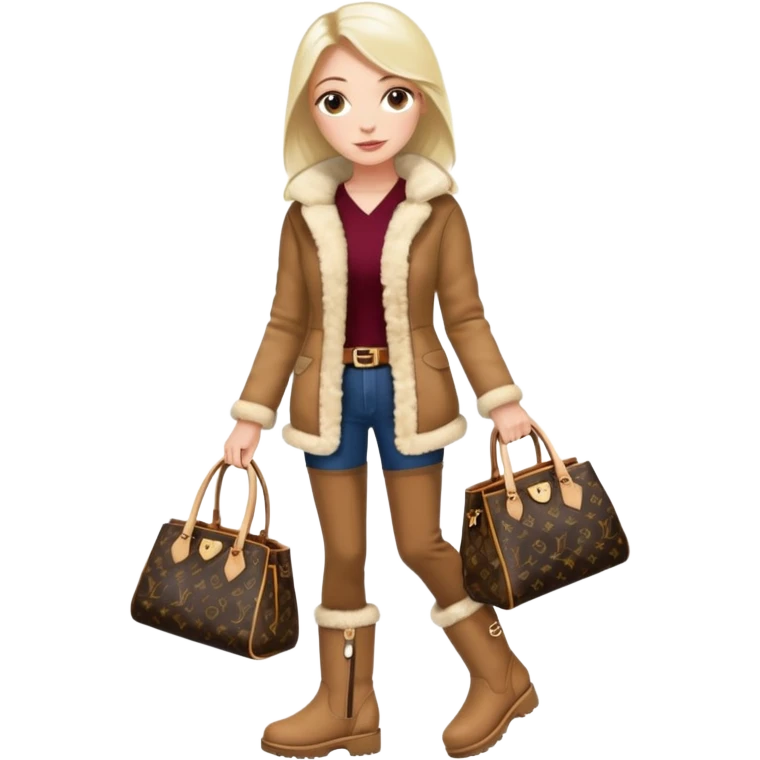 Woman standing with a luxury LV handbag wearing UGG boots.  emoji