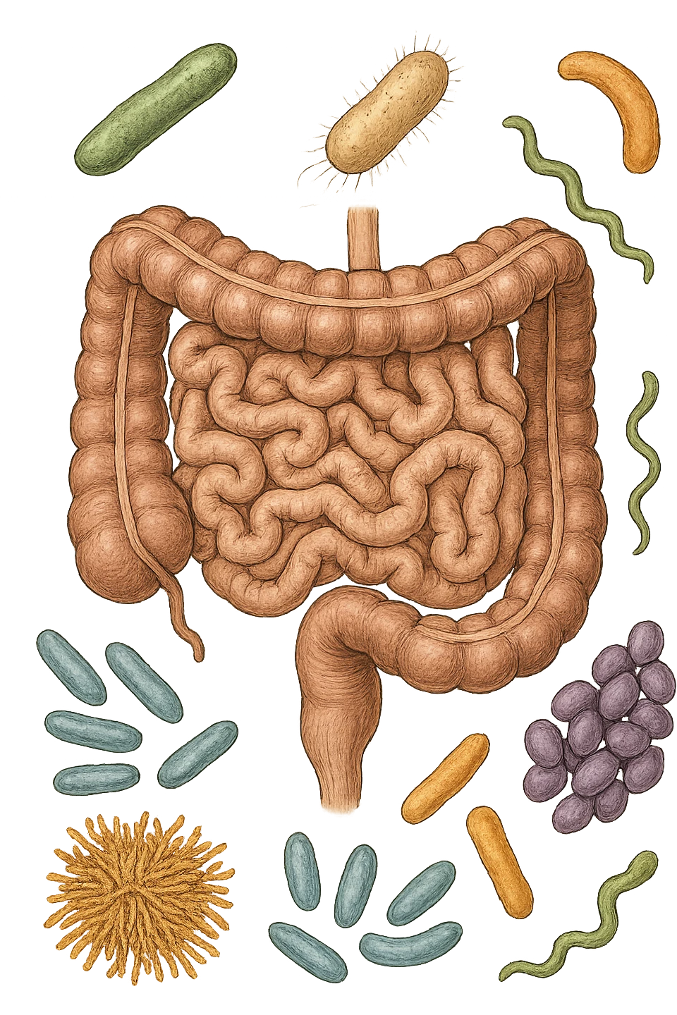 intestino umano anatomico con batteri intestinali che gli fluttuano intorno emoji