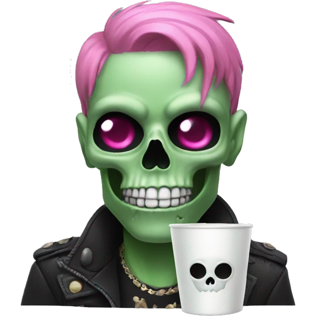 Black skull with green hair pink eyes and a cup on the nose emoji