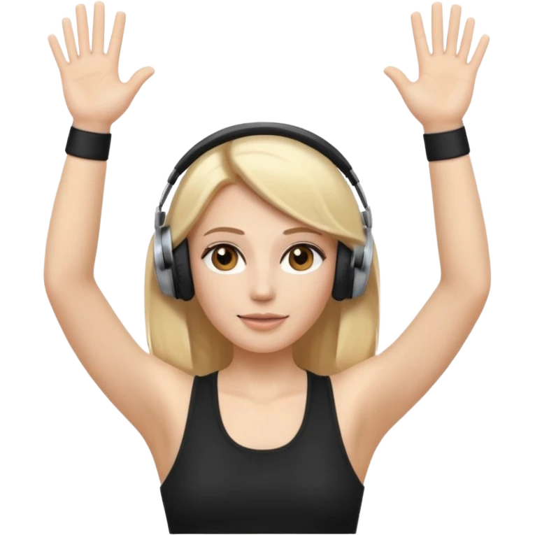 I want a white female dj animated gif emoji with long straight centre parting blonde hair, brown eye brows and putting hands up in the air. Wearing a black tight top with no sleeve. Also wearing DJ headphones  emoji