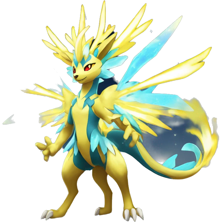 Celestial Powerful Sparkle-Crystallic Colorful Vibrant Colors Flying Advanced Zeraora-Aurorus-Fakémon-Legendary-Pokémon-Creature Full Body emoji