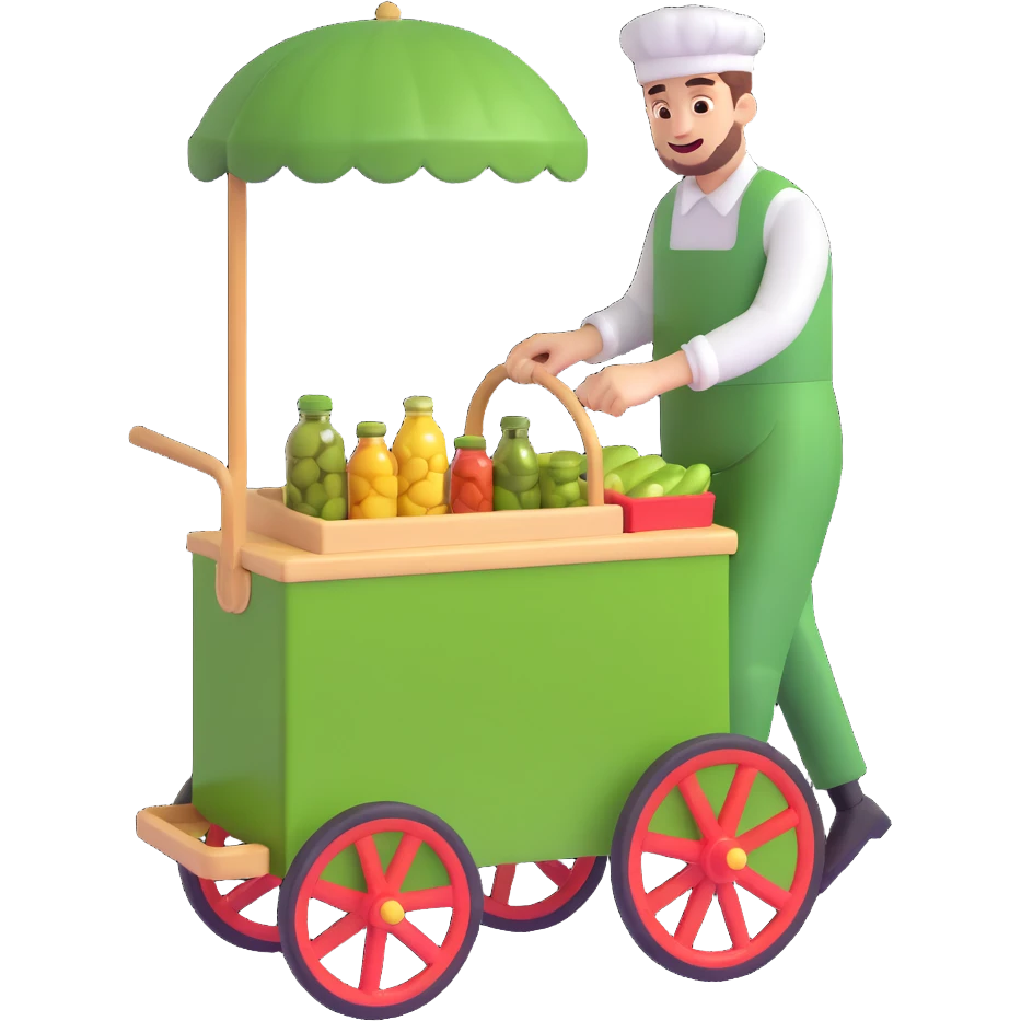 a man with a vintage pickle cart, 3D emoji style emoji