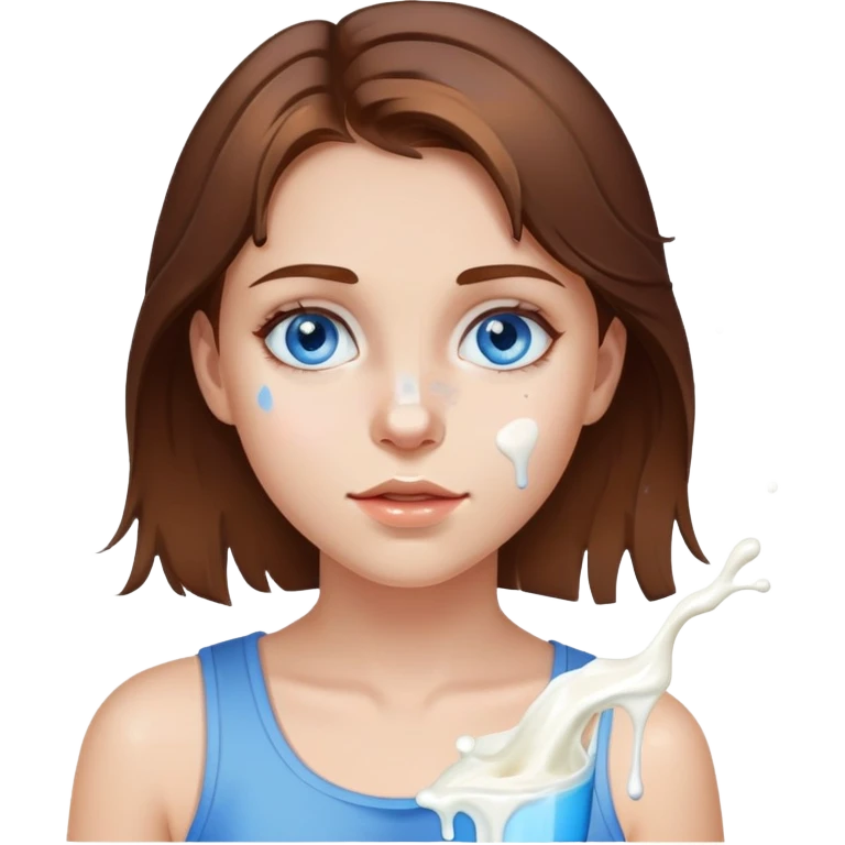 Brown hair blue eyed girl with milk splatter on face emoji