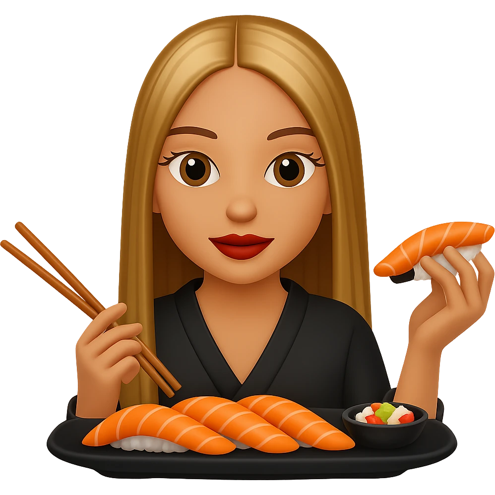 Edit the image of a girl eating sushi to have long straight hair. Keep the same style as the original image. Remove the background. emoji