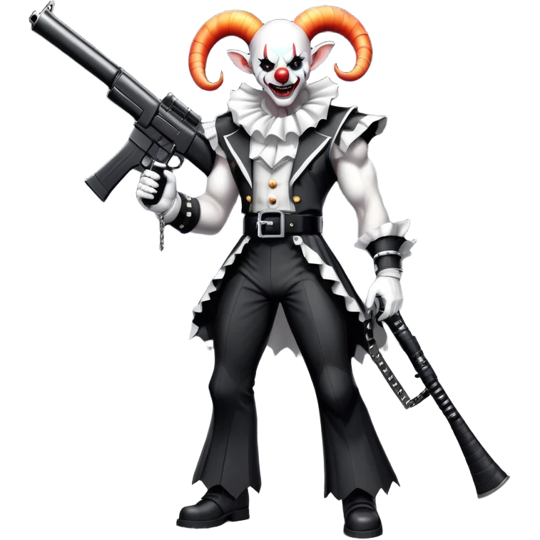 full-body muscular demonic clown, battle-ready, black and white leisure suit with bellbottom pants, bald, black ram horns, flashy black and white belt, ruffled white shirt, no neck tie, large fangs, holding very large futuristic rifle emoji