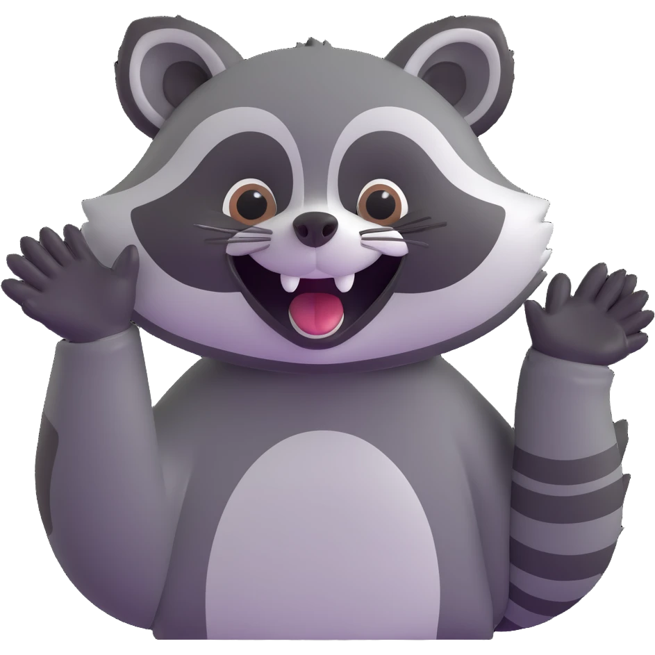 raccoon giggling and waving, cheeks puffed, playful emoji