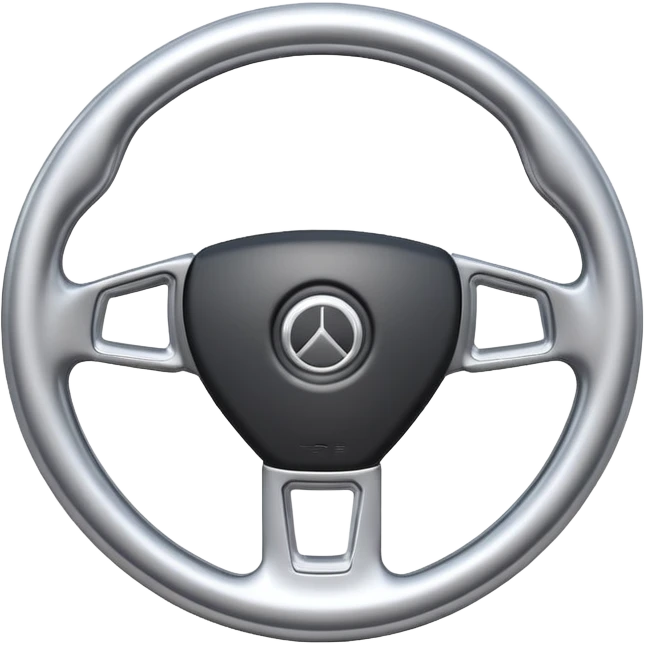 A futuristic steering wheel emoji made of silver chrome, minimal geometric design, smooth metallic surface, soft reflections, iOS emoji style, centered, clean white background emoji