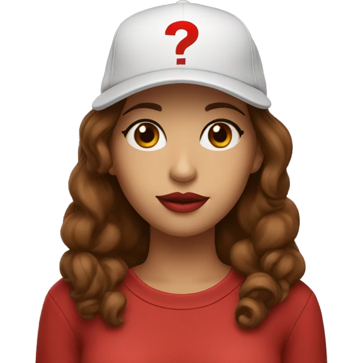 A beautiful woman wearing a cap and a black sweatshirt with a neckline, big lips, brown hair. The cap has a red question on it. emoji