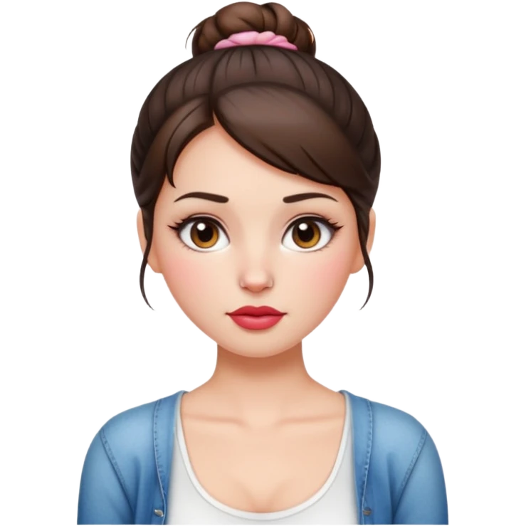 “Emoji brunette girl hair in bun white top, dewy skin, heavy blush across cheeks and nose bridge, glossy cherry lips, soft eyeliner, teary sparkling eyes like hanni from new jeans emoji