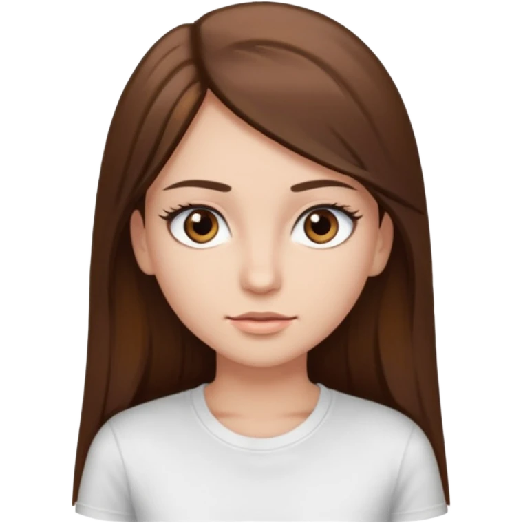 Chica de pelo liso ,largo y marrón con ojos color marrón  y una camiseta blanca y la piel blanca con pestañas emoji