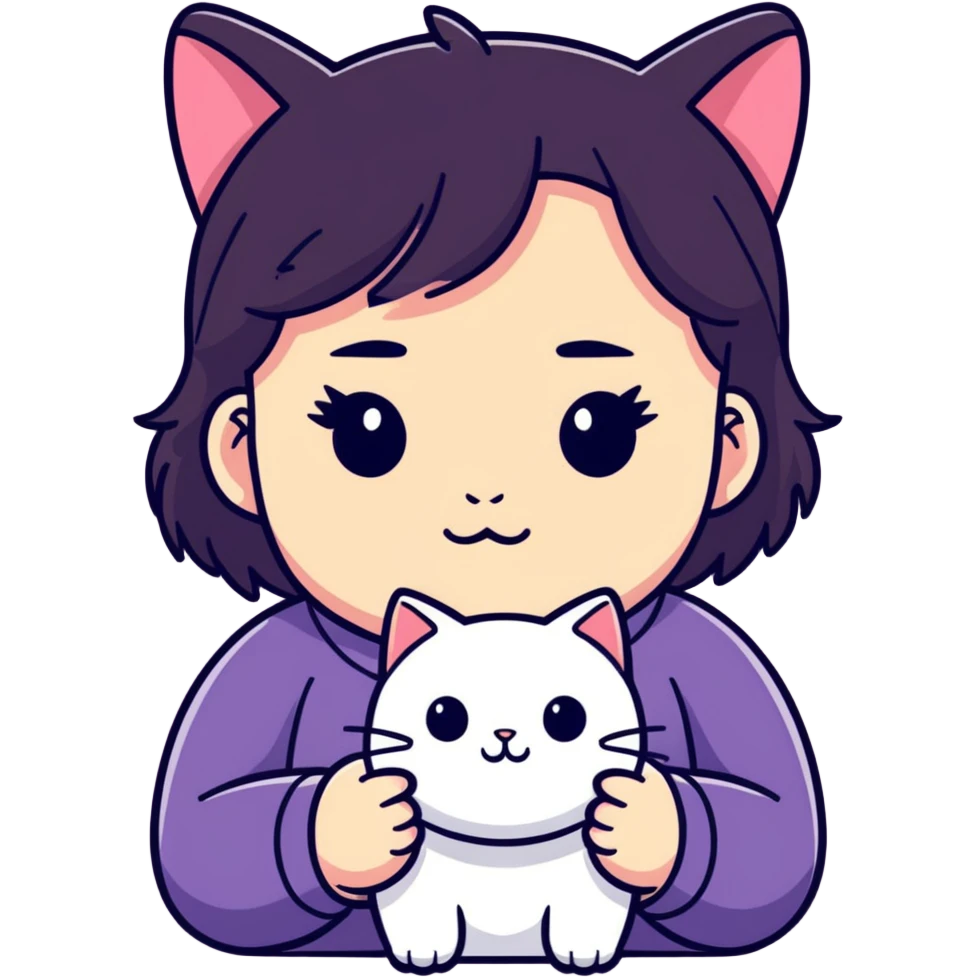 short chubby girl with a cat face emoji