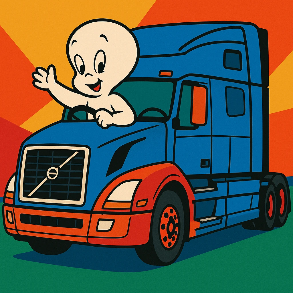 Casper the ghost driving a 2022 Volvo sleeper semi truck, vibrant toon style emoji
