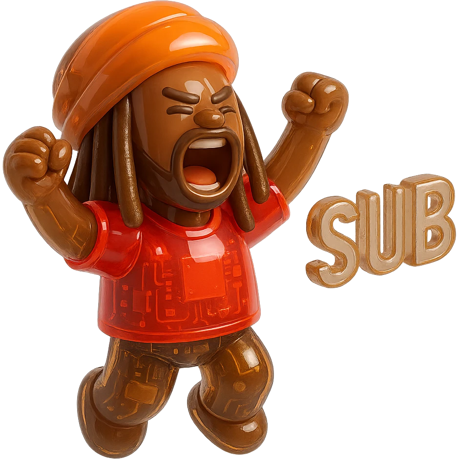 Brownskin man with long brown dreadlocks 
red  t-shirt 
orange turban 
expression is yelling 
Add the word W SUB emoji