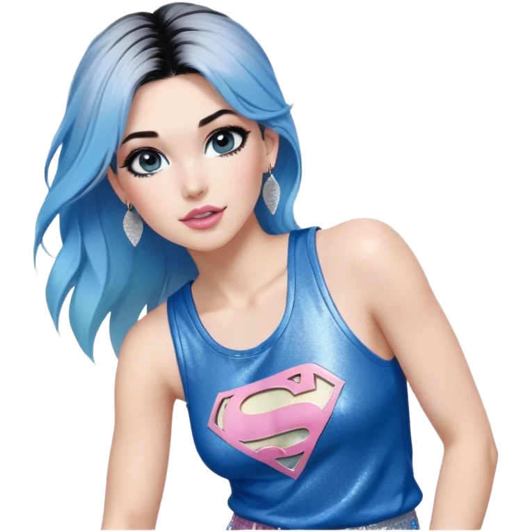 Tall-full body-Larger female chest-very excited-very-beautiful-face-white torn cargo pants-light-pink-lips-very long-very-straight-dark-blue-ombre-hair-and-blue-eyes-thick-black-eyeliner-thick-long-eyelashes-sky-blue-superman-tank-top-with-glitter-and-silver-hoop-earrings emoji