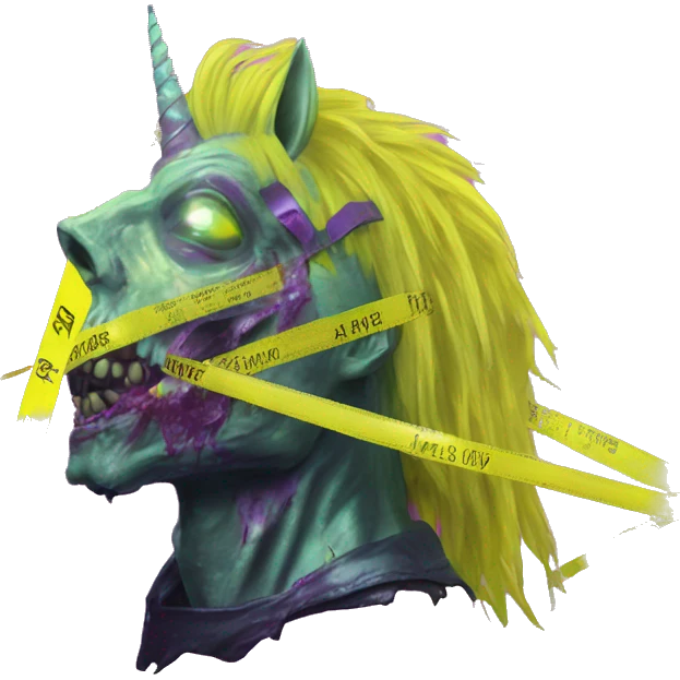 .Zombie_ Vaporwave black holographic oilslick zombie unicorn yellow caution tape and a vinyl emoji
