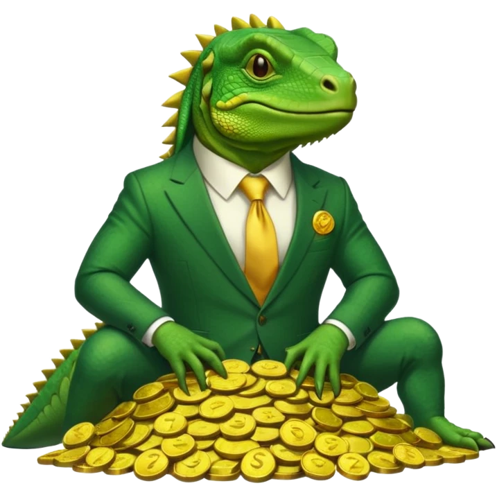 capitalist iguana in suit lying on coins emoji