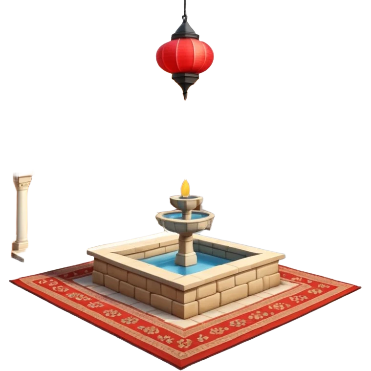 3D Apple-style emoji of a Turkish han courtyard. Square courtyard, small fountain, low arches, hanging lanterns, stacked carpets. Rounded, glossy, soft shadows, bright daylight, white background.





 emoji