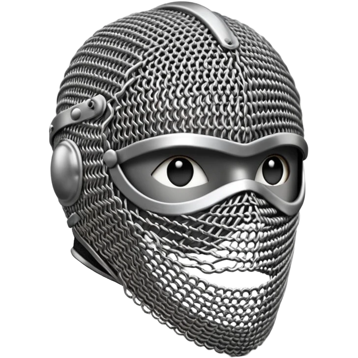 3D render oFencing Mask, made of interlocking chainmail metal rings, wire mesh texture, visible holes and negative space, metallic silver and grey, high contrast shadows, emoji style, isolated on white background --v 6.0. emoji