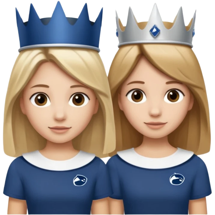 Two girls. One with shoulder length blond hair and one with long brown hair. They have princess crowns on their heads. They have Penn state shirts emoji
