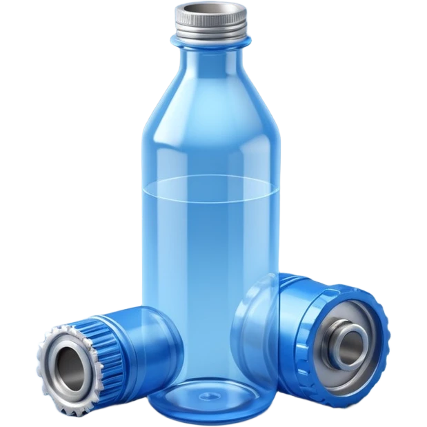 "A high-quality 3D isometric icon of a blue translucent PET plastic bottle standing next to a sleek metallic industrial gear. Clean studio lighting, white background, soft shadows, 3D clay render style, minimalist and professional." emoji