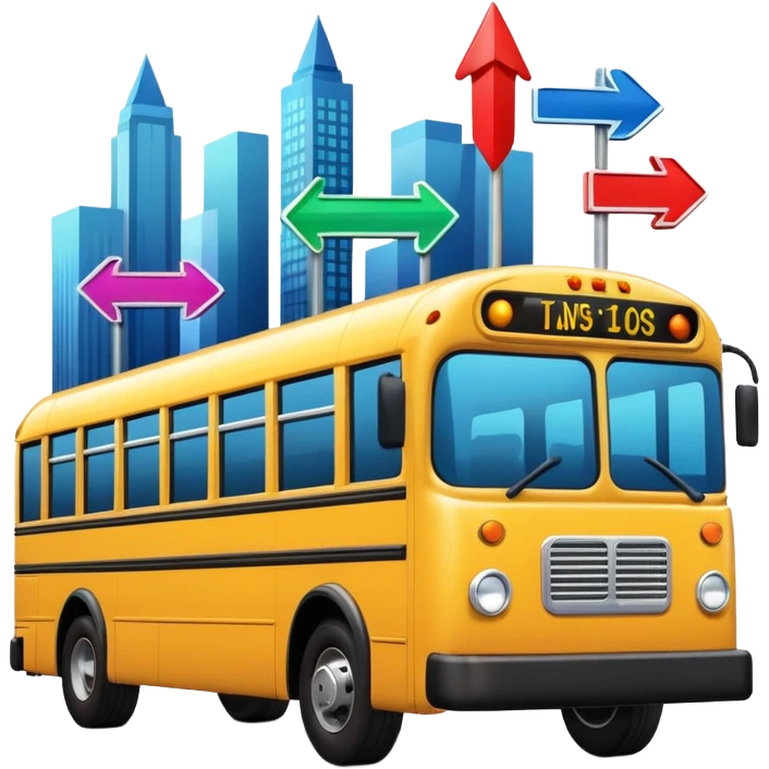 a sleek bus viewed from an angle with three colorful arrow signs pointing to city icons, colorful Apple-style emoji look emoji