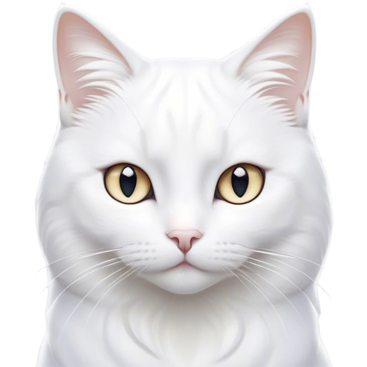 Cinematic Noble White Cat Portrait Emoji, Poised and stately, with a pristine, snow-white fur accented by delicate hints of silver, refined whiskers and a serene, focused gaze, simplified yet impeccably detailed, glowing with an ethereal radiance and timeless elegance, high shine, exuding calm intelligence and regal simplicity, soft glowing outline, capturing the essence of a noble white cat that radiates quiet majesty! emoji