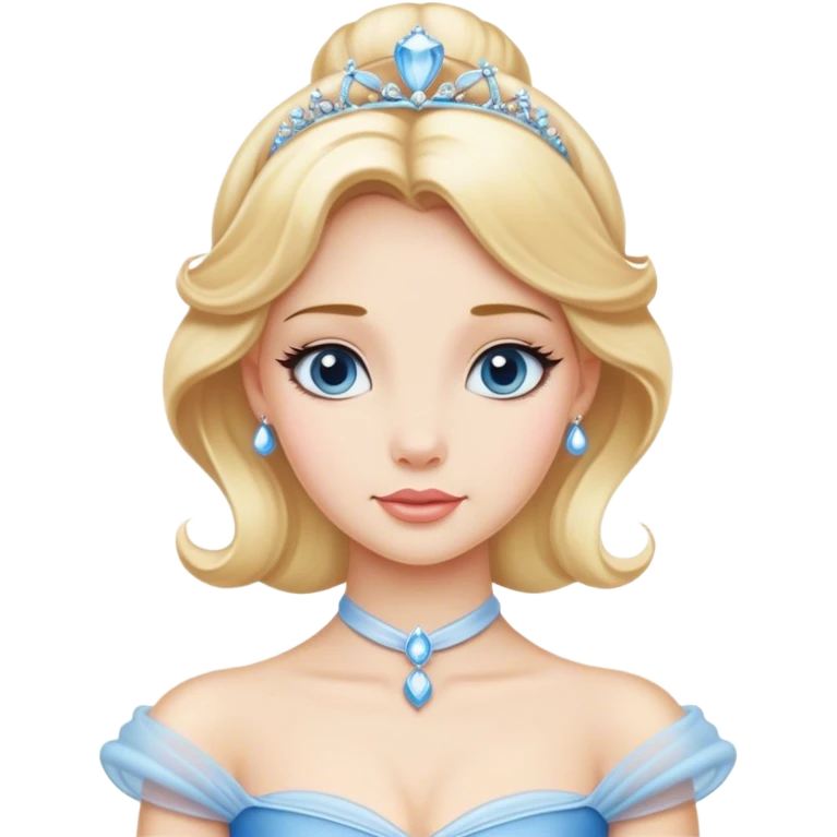 Cinematic Elegant Cinderella Portrait Emoji, rendered in a realistic, vector-style with minimal shading and bold, simplified shapes. Depict Cinderella in her classic ball gown (chest and above) with fair, porcelain skin and elegantly styled blonde hair, her eyes soft and kind, and her expression serene and graceful. The design glows with a gentle, enchanting radiance and high shine, capturing the timeless beauty of a fairy tale princess. emoji