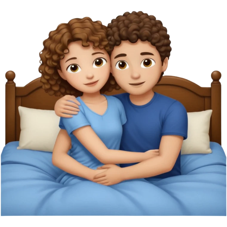 Girl hugging a guy with short curly brown hair on bed emoji