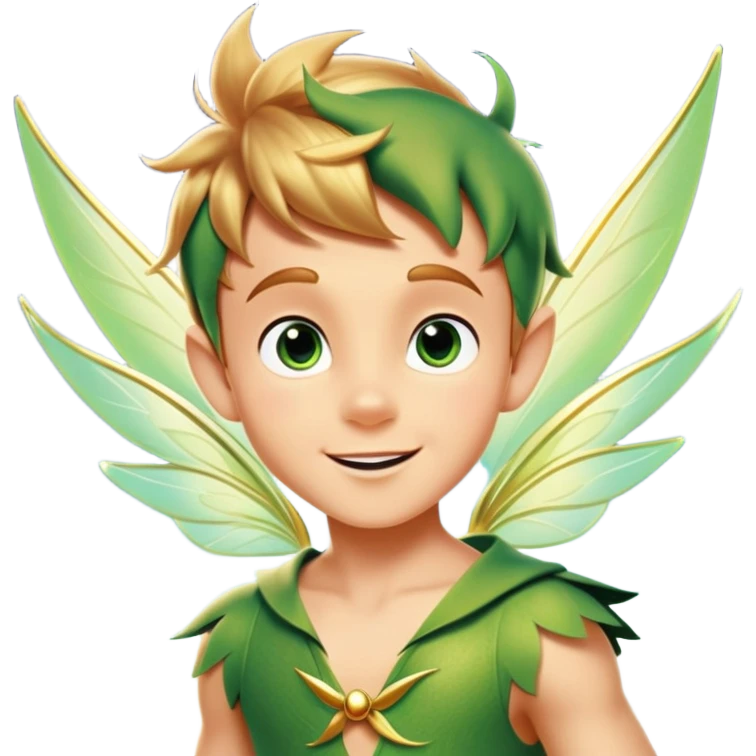 cinematic-realistic-peter-pan-portrait, head tilted dramatically with an exaggeratedly amused expression and sparkling eyes brimming with playful mischief, his iconic outfit rendered in vivid detail with dynamic shadows, soaring through the air accompanied by a glowing Tinker Bell, whose delicate wings leave a trail of shimmering pixie dust across a whimsical sky. emoji