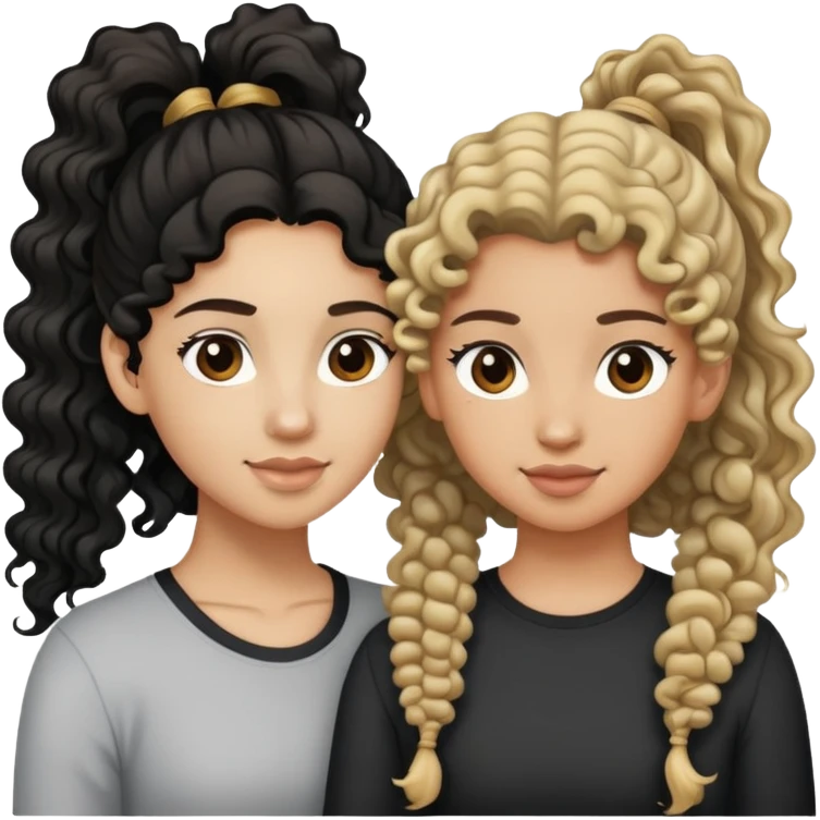 Two best friends, one light skin with curly hair in ponytail and another tan one with long wavy black hair emoji