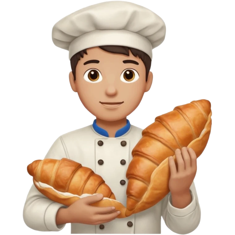 Young male baker – holding a croissant, flour on clothes

 emoji