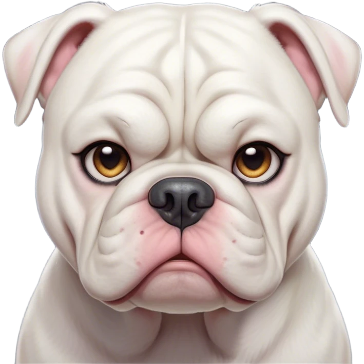 Cinematic Grumpy White American Bulldog Portrait Emoji, Head tilted slightly with a deeply unimpressed expression, thick white fur with a slight wrinkling around the jowls and brow, large, droopy eyes narrowed into an unamused glare, jowls slightly sagging in exasperation, Simplified yet comically expressive features, highly detailed, glowing with a dry, sarcastic glow, high shine, effortlessly judgmental yet dignified, stylized with a touch of cynicism, bright but brooding, soft glowing outline, capturing the essence of an eternally unimpressed yet endearing pup, so lifelike it feels like it could sigh heavily at you in disdain at any moment! emoji