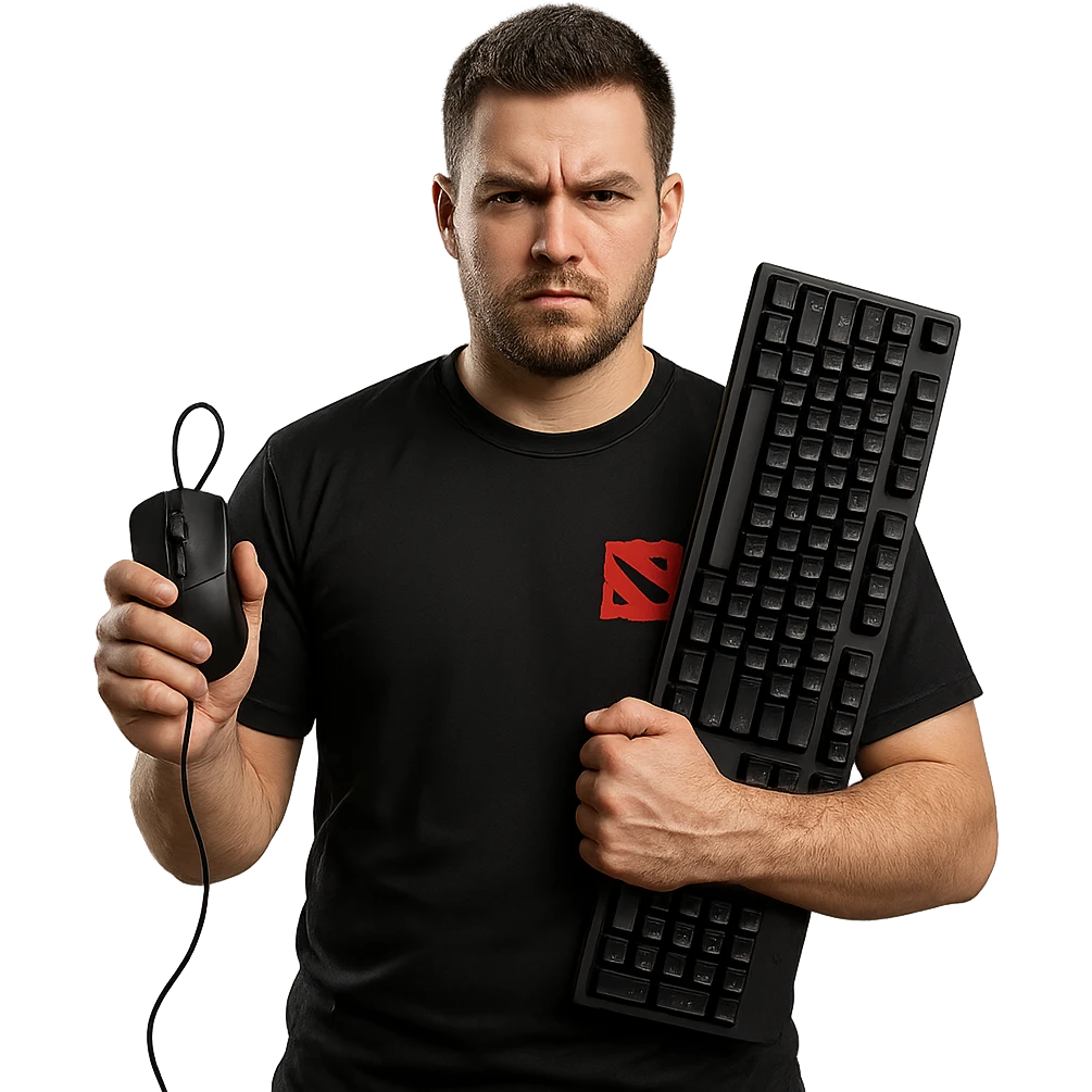 A tough-looking Dota 2 player with a serious expression, holding a mouse and keyboard emoji
