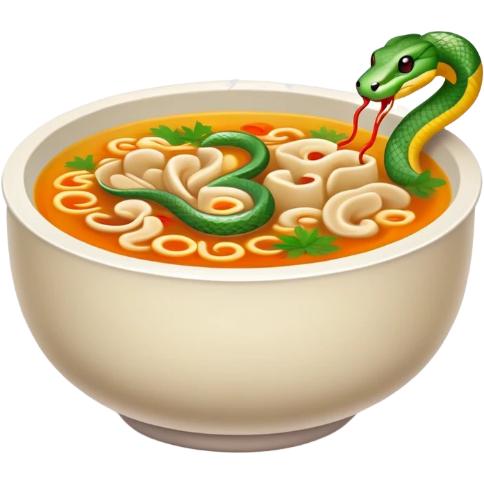 Cantonese snake soup in special double-walled bowl, simplified emoji style with bold outlines and bright colors, cartoon style exotic delicacy with herb decorations emoji