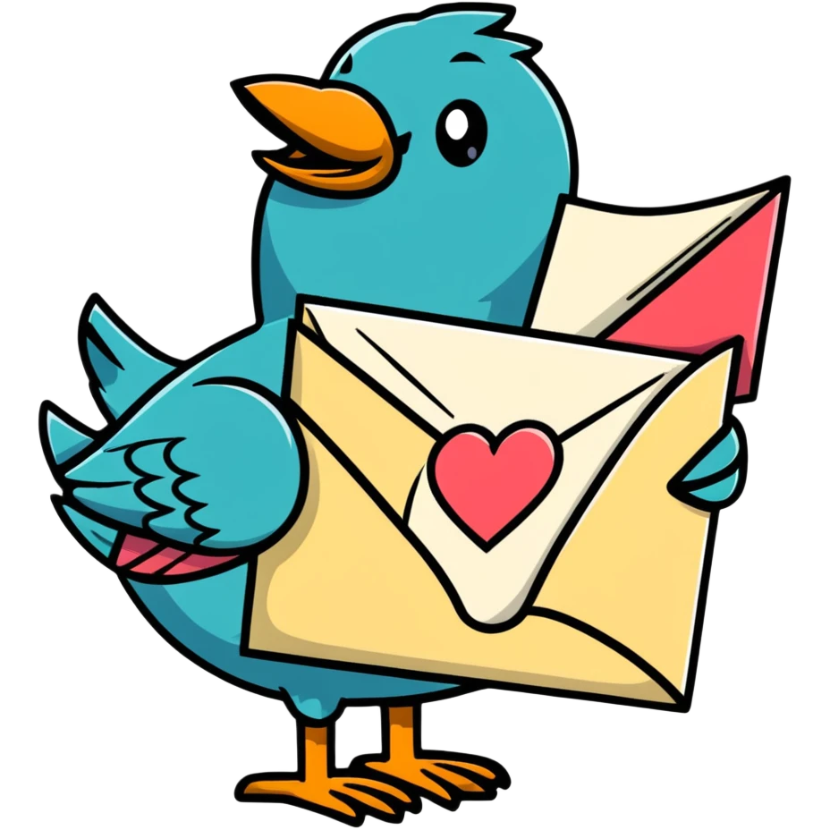 Mayan style bird carrying mail, love letter with heart, envelope with message, all with clean geometric lines emoji